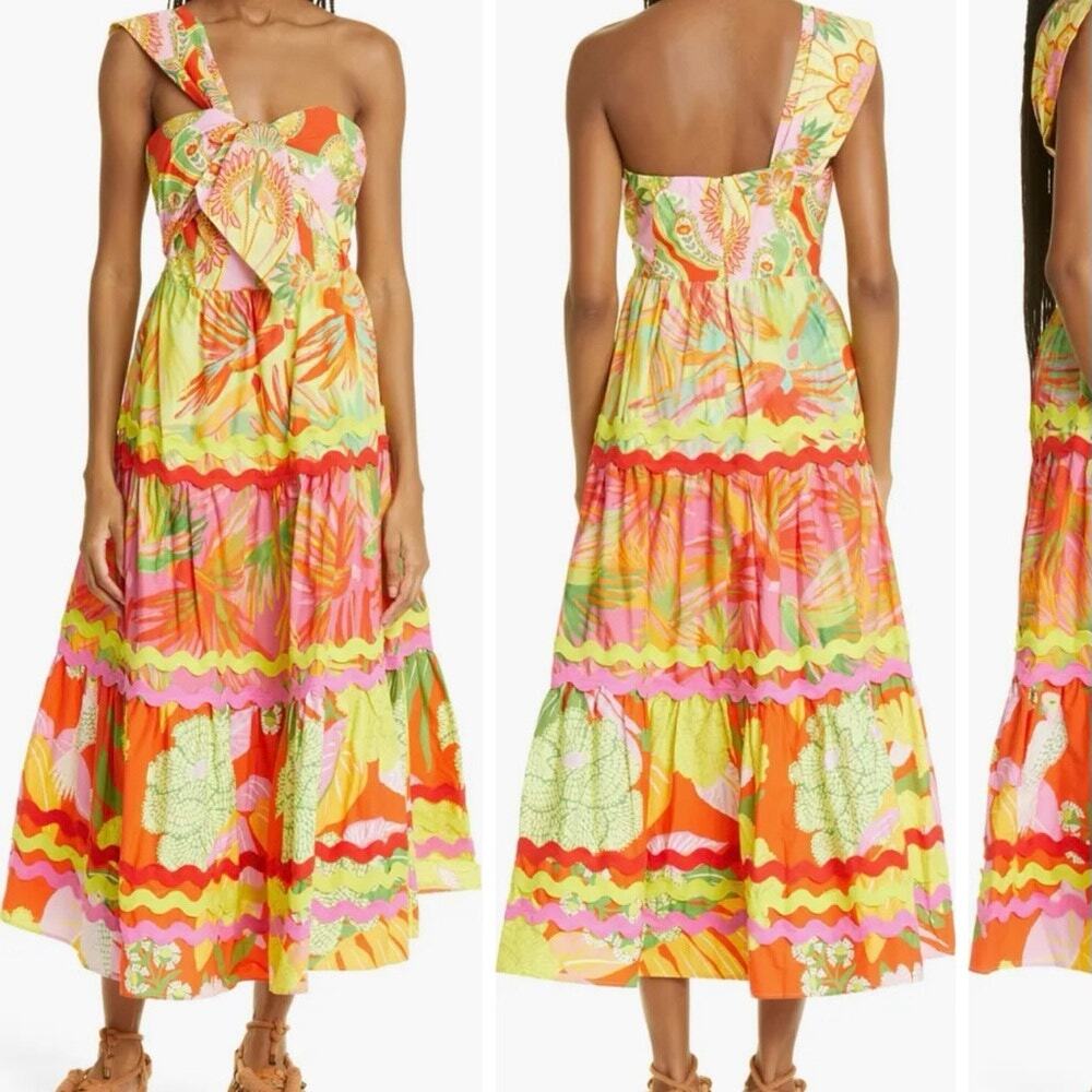 Farm Rio Mixed print tiered yellow midi dress size medium